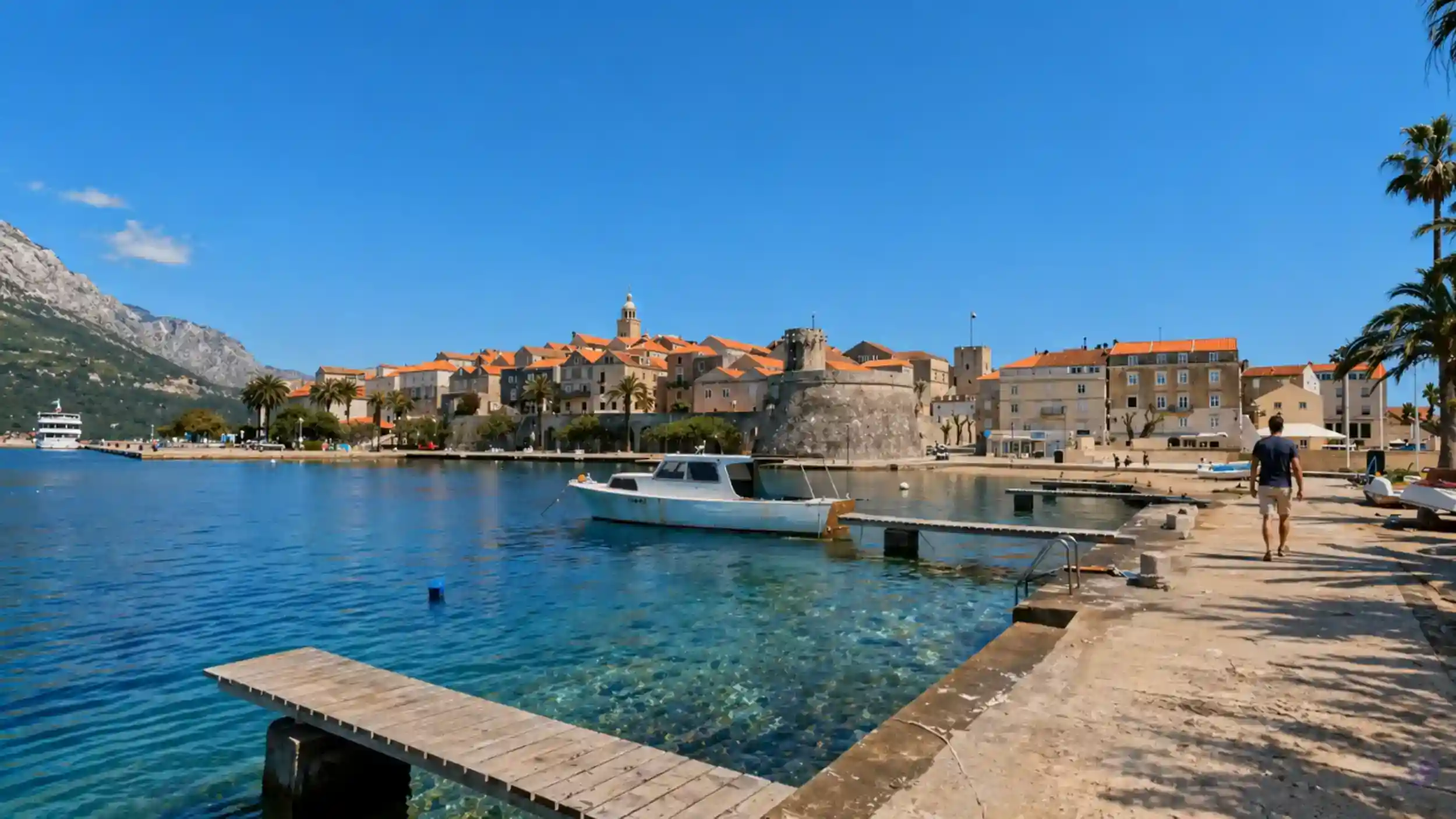 Korčula Town day trips start from this medieval harbour with moored boat and stone walls