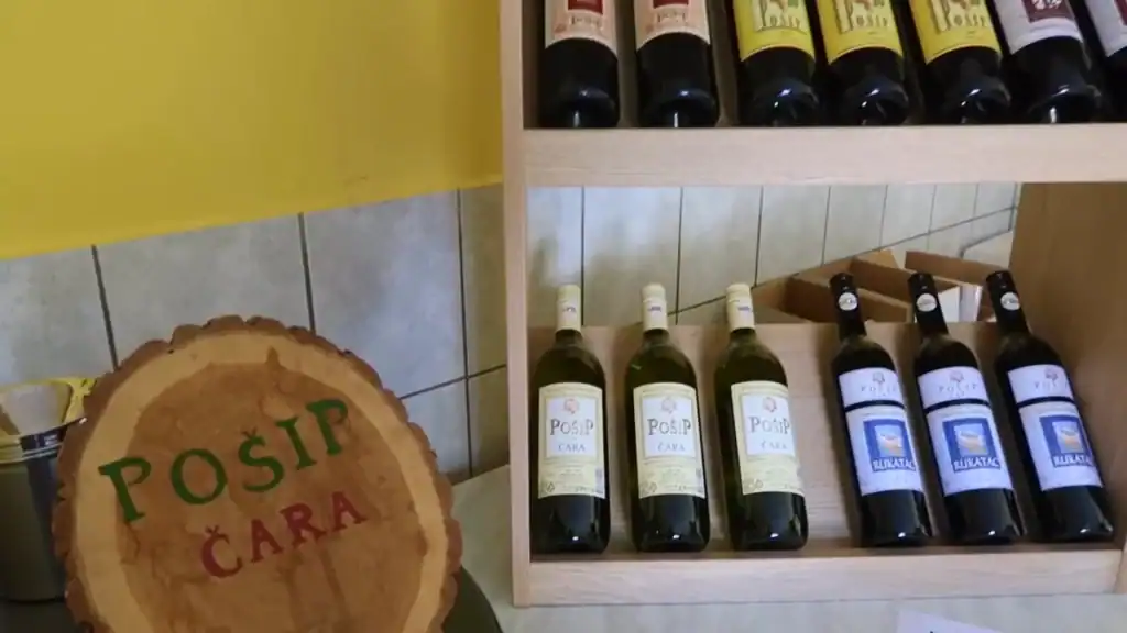 Bottles of Pošip Čara and Rukatac white wine displayed on a wooden shelf at a Čara village winery