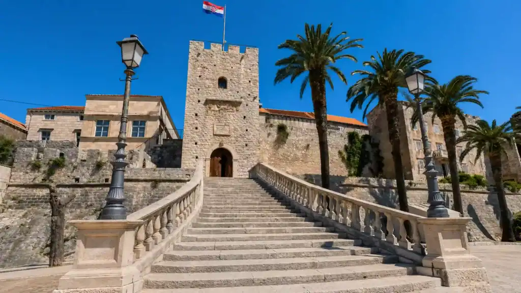 Stone staircase leading to the Revelin Tower gate in KorĨula Town, Croatia