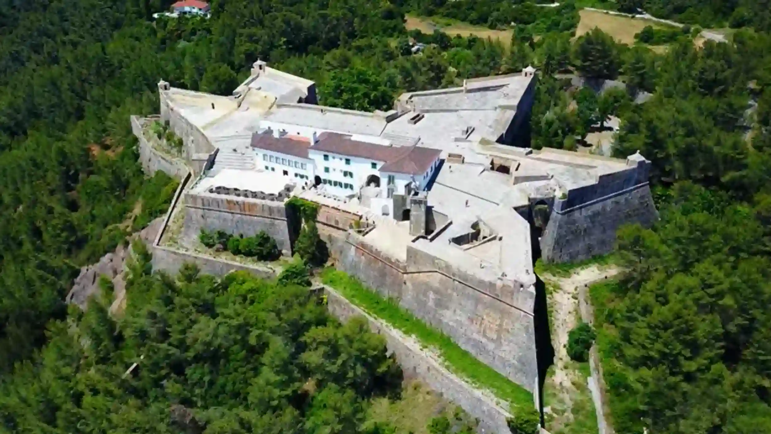 Aerial view of Fort of São Filipe star-shaped fortress surrounded by forest in Setúbal
