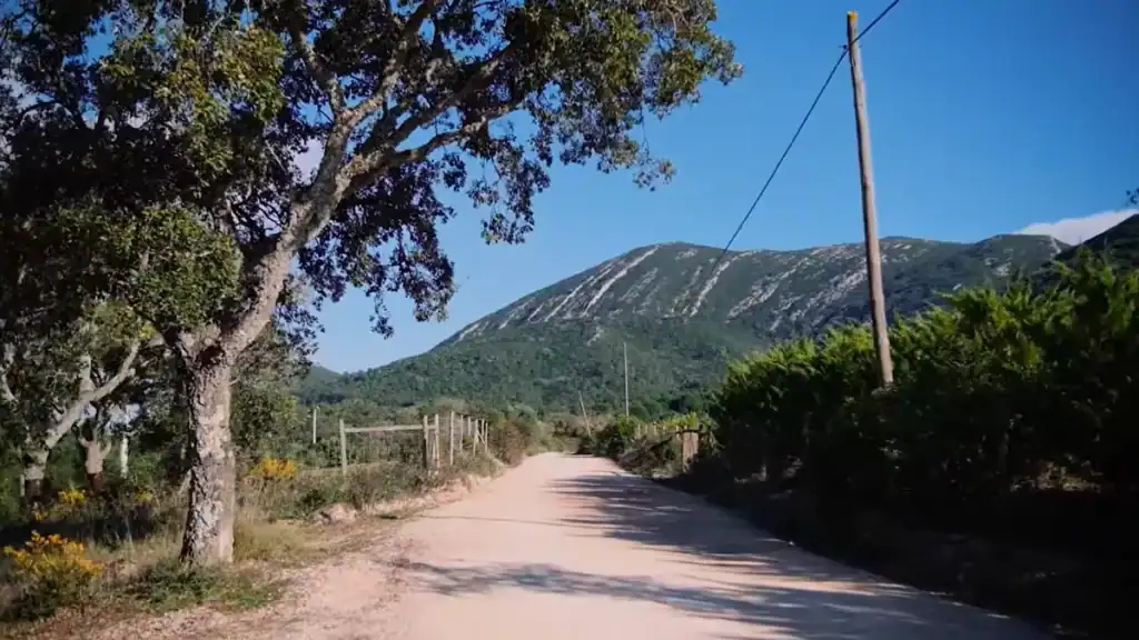 Dirt road through rural landscape with limestone mountain rising under clear blue sky