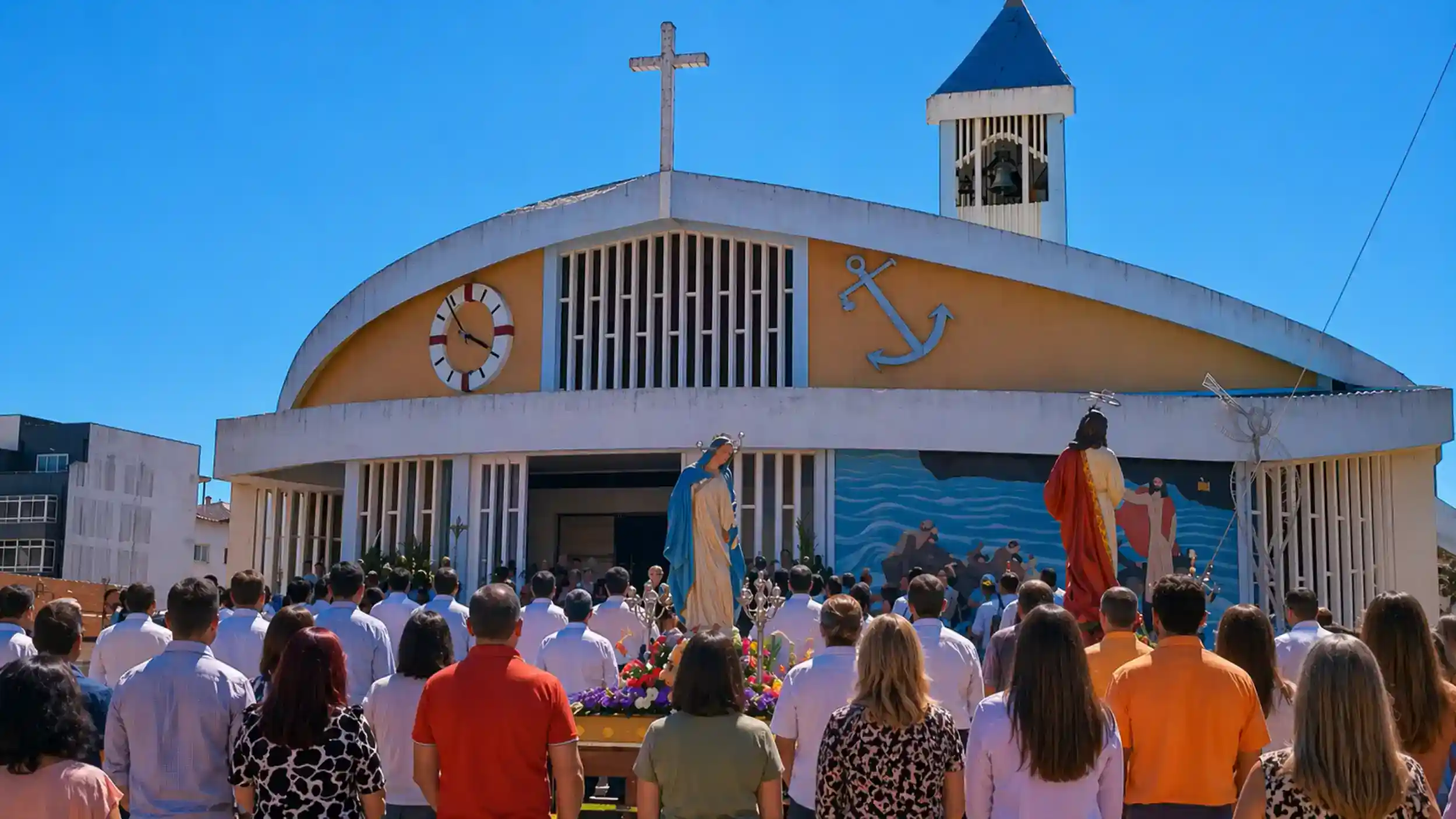 Igreja de Nossa Senhora das Graças church with anchor emblem and relief sculpture at Vila do Conde festival