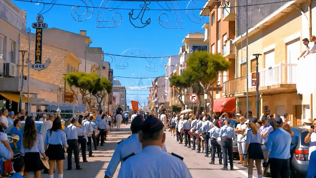 Marching band and crowds lining a street during the Vila do Conde festival procession