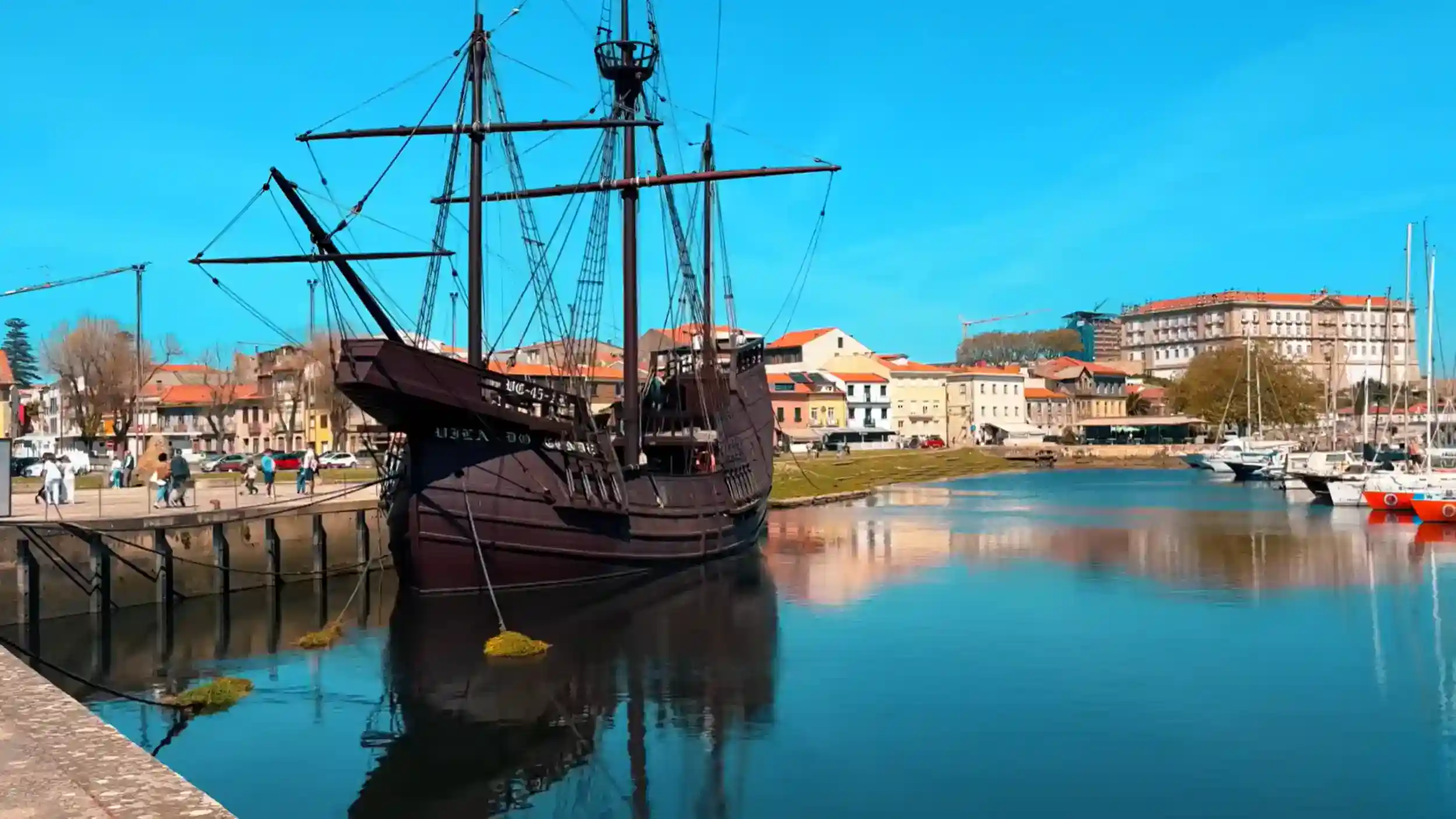 Historic tall ship moored on the Ave River in Vila do Conde historic centre