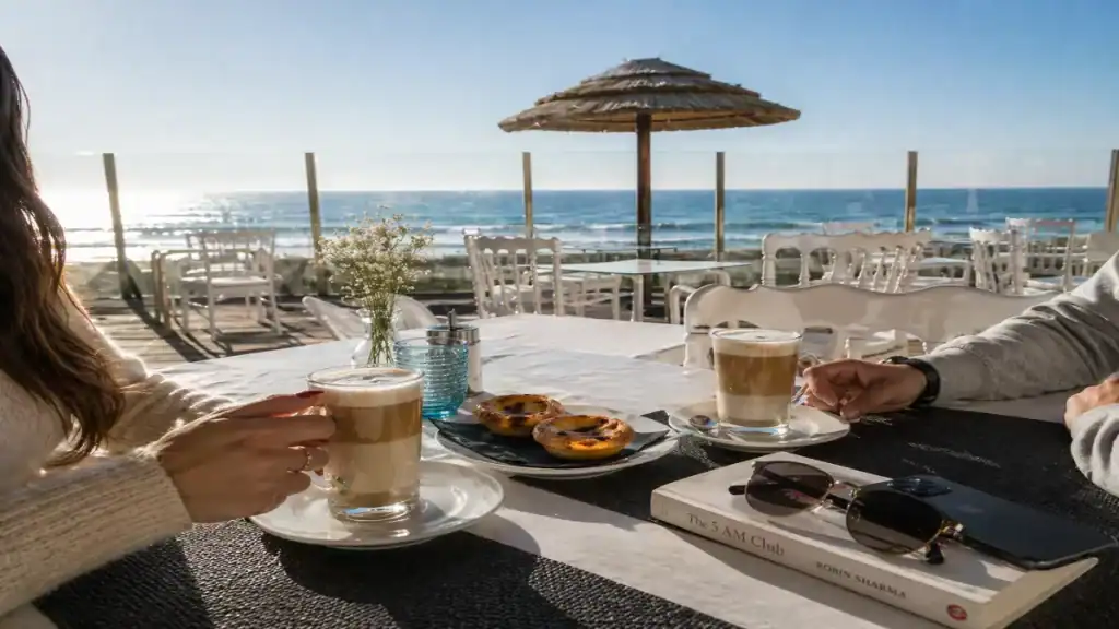 Couple sharing coffee and pastéis de nata at an oceanfront terrace, one of the Vila do Conde things to do on a sunny morning