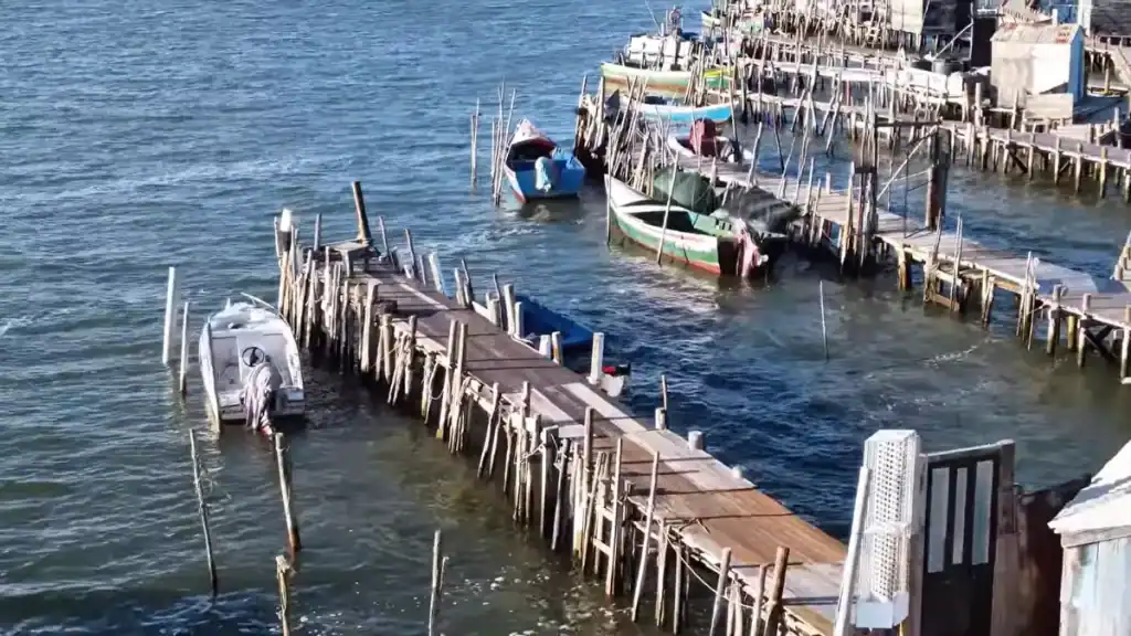 Small fishing boats moored along Carrasqueira's wooden stilt walkways at high tide