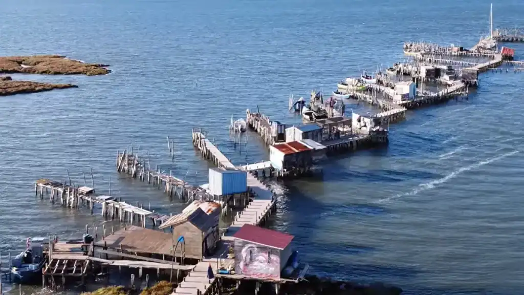 Aerial shot of a zigzagging wooden stilt pier extending into open blue estuary water