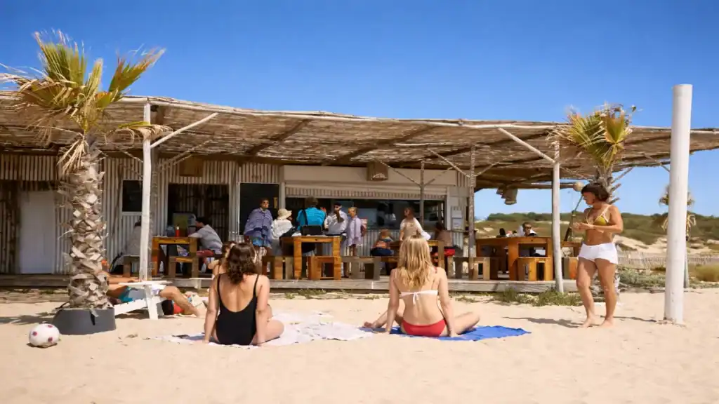 People sunbathing on sand in front of a rustic thatched beach bar with palm trees and wooden tables