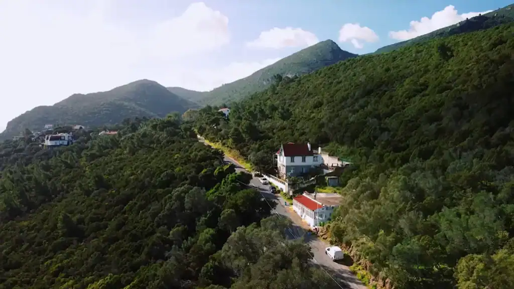 Tree-covered mountain ridge with a winding road and white villa, Serra da Arrábida, Lisbon to Comporta route