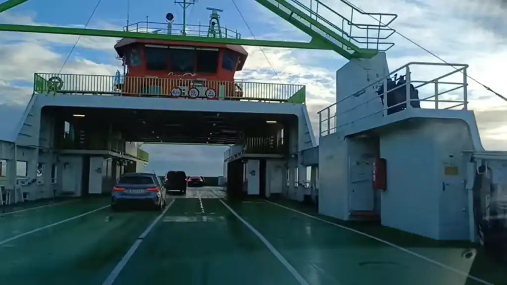 Cars lined up on the vehicle deck of the Troia ferry crossing the Sado estuary