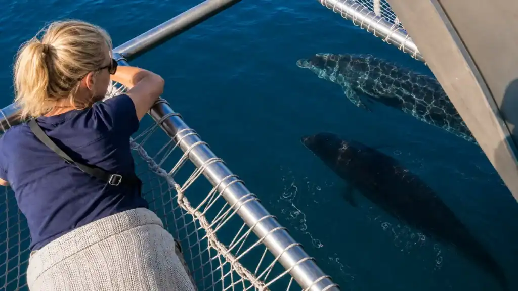 Sado Estuary dolphins surface beside a boat as a woman watches from the railing