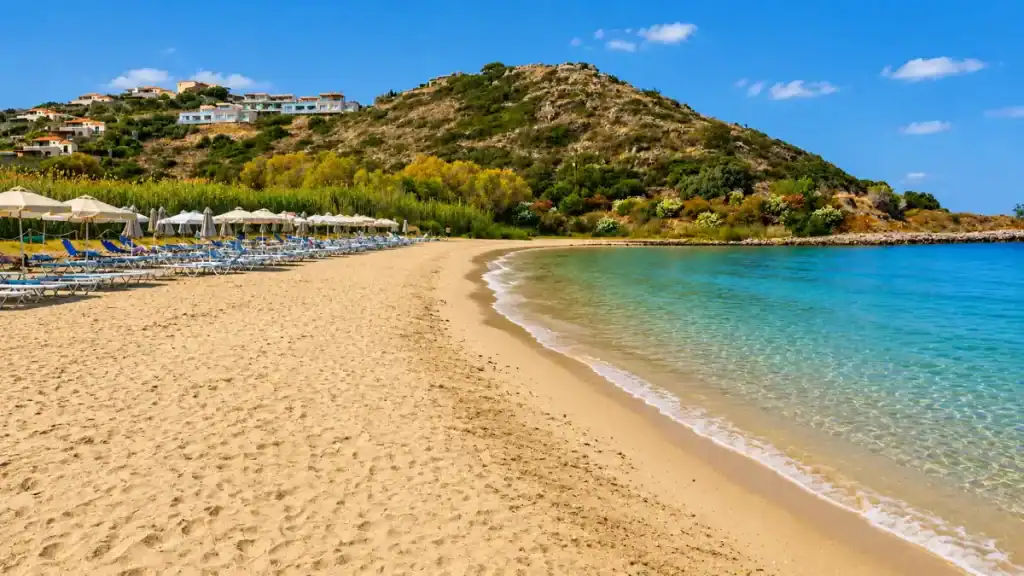 Golden sand curve at Almyros, one of the calmest beaches near Agios Nikolaos