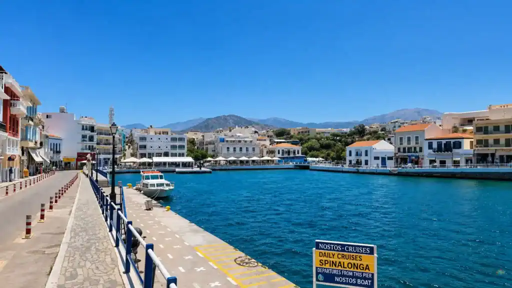 Harbour promenade and Spinalonga cruise pier on the Agios Nikolaos to Sitia route