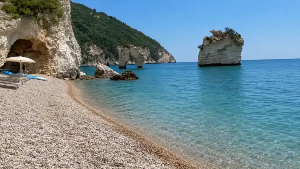 Twin Faraglioni sea stacks rising from clear water at Baia delle Zagare.