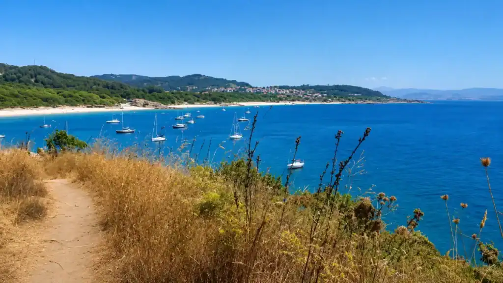 Sailboats anchored in a turquoise bay near Praia de Melide on the Cabo Home peninsula