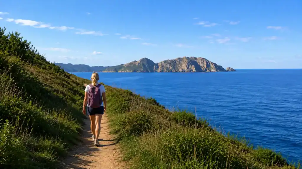 Hiker on a coastal trail with CÃes Islands visible across the water