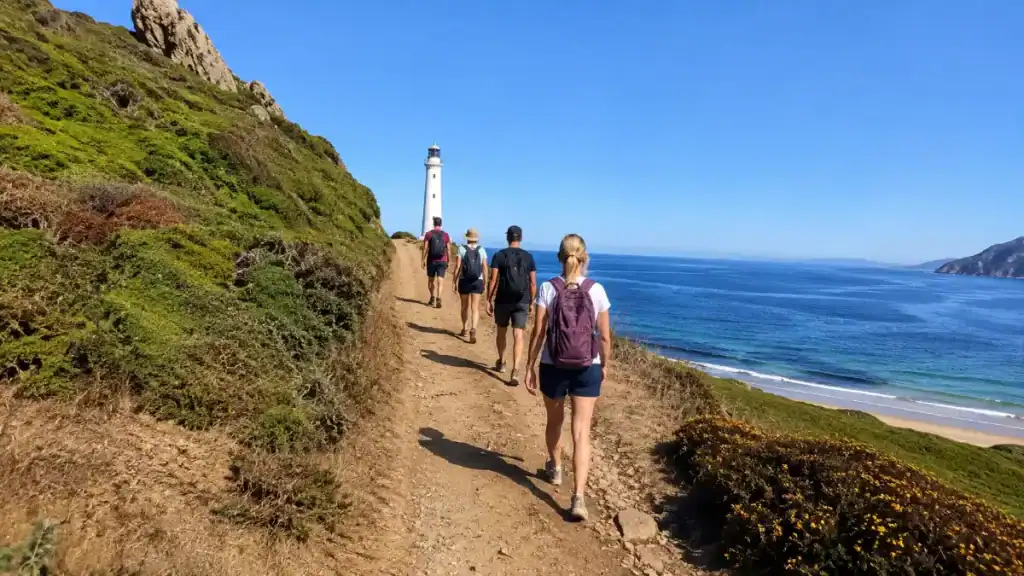 Group of hikers walking a dirt track toward Cabo Home lighthouse above a sandy beach
