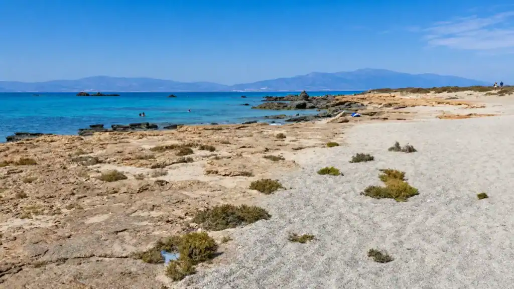 Rocky northern shoreline looking back toward the Cretan mainland from Chrissi Island from Ierapetra.