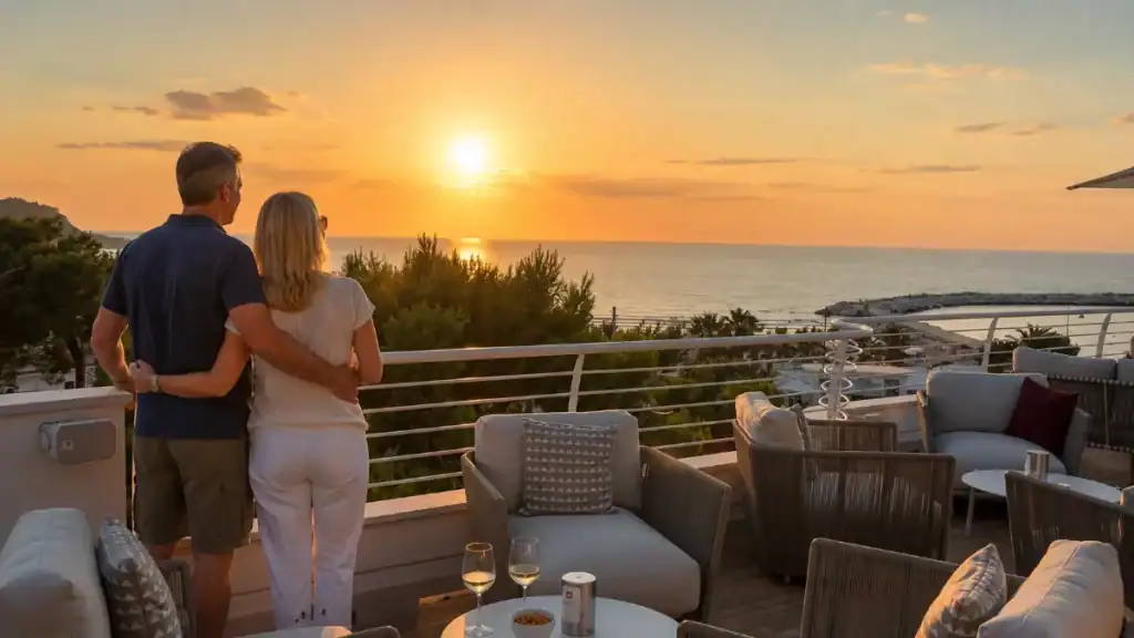 Couple watching sunset from a rooftop terrace overlooking the Adriatic near Vieste.