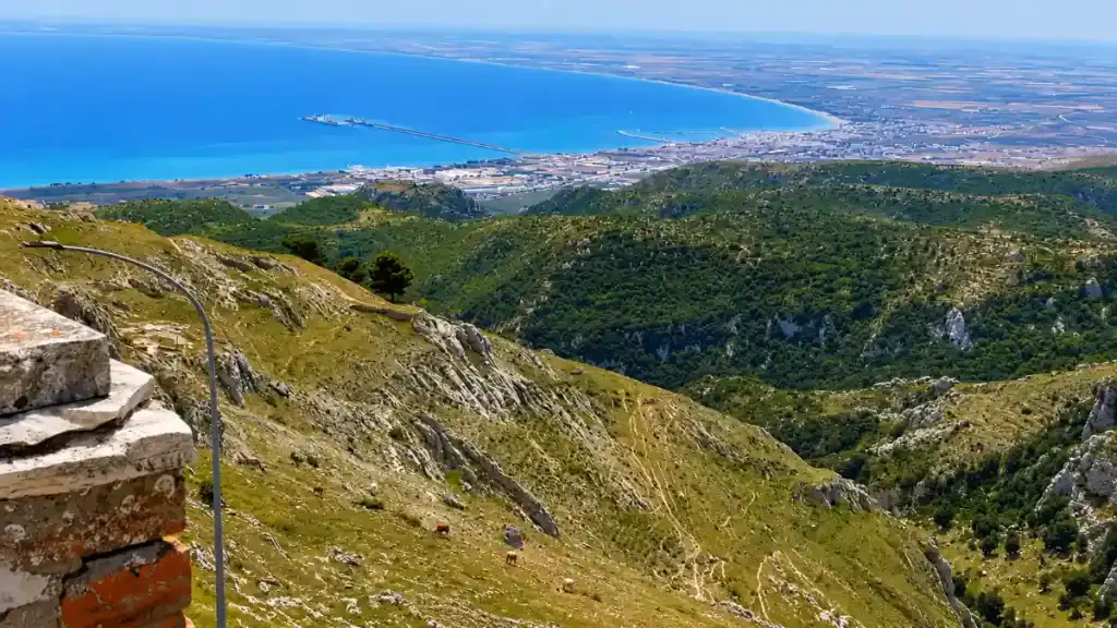 Hillside panorama from Monte Sant'Angelo overlooking Manfredonia bay during days in Gargano Puglia.