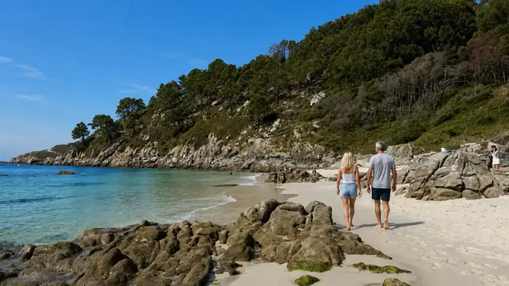 Couple walking a white sand beach on Cíes Islands, perfect for days in Rías Baixas