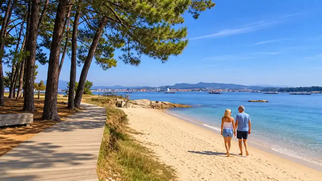 Couple walking along the pine-fringed shore of Illa de Arousa with a wooden boardwalk alongside