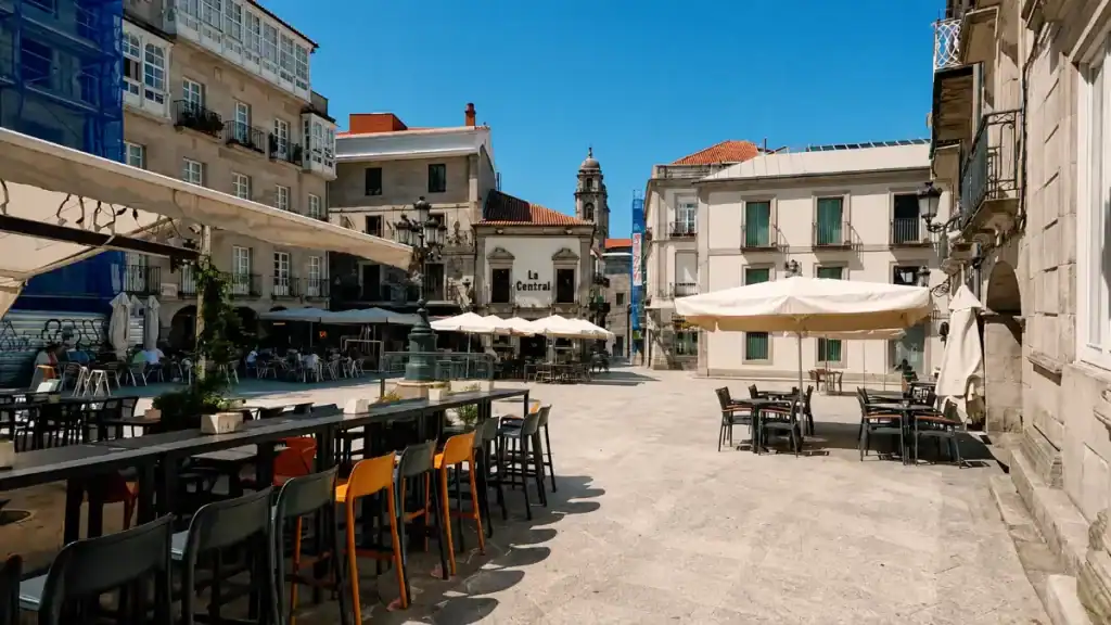 Outdoor café terraces filling Praza da Constitución in Vigo's old town on a sunny day