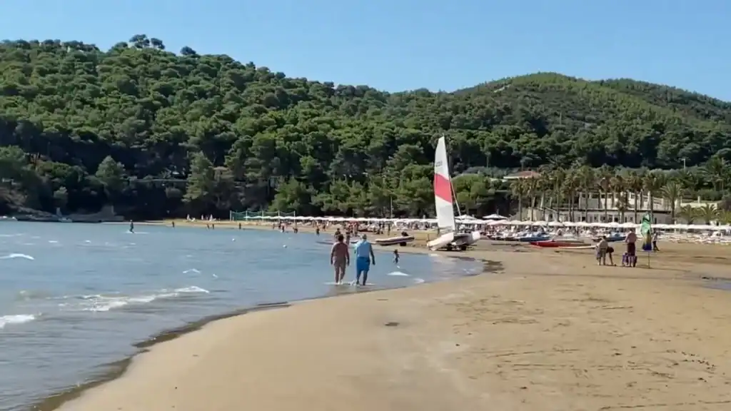 Bathers walking along the sandy shoreline at Scoglio di Portonuovo with pine-covered hills behind.