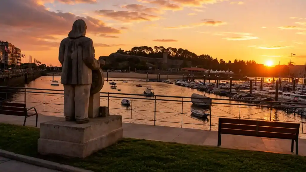 Stone statue facing Baiona harbour at sunset with Monterreal Castle silhouetted behind