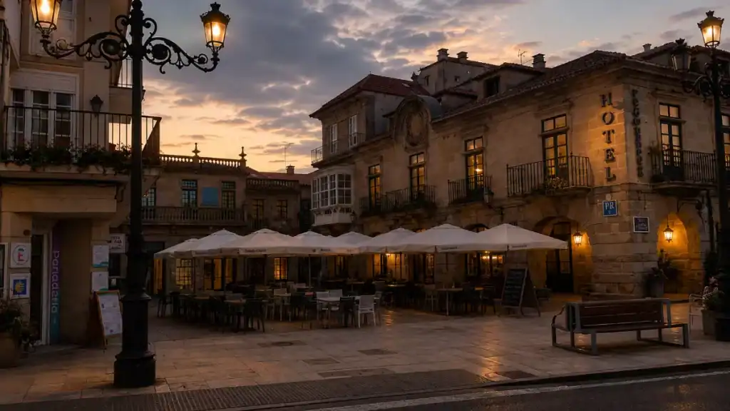 Hotel Pazo de Mendoza facade with empty terrace tables lit by street lamps at dusk