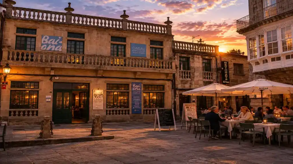 Diners at outdoor tables beside Restaurante El Tunel on a cobbled square at dusk