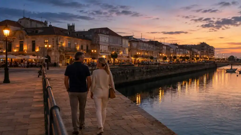 Couple walking along Paseo Maritimo waterfront promenade at dusk with lit buildings reflected in harbour
