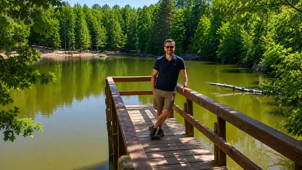 Man standing on wooden jetty at Foresta Umbra lake surrounded by dense woodland.
