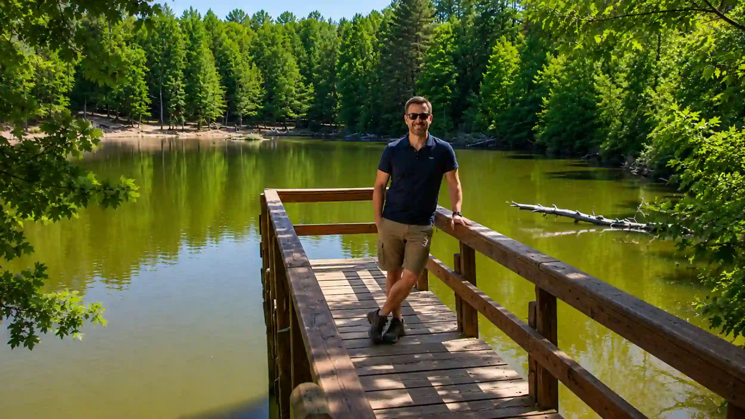 Man standing on wooden jetty at Foresta Umbra lake surrounded by dense woodland.
