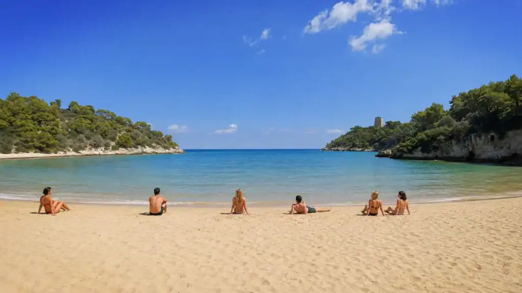 Sunbathers seated on golden sand at Mattinatella beach beneath pine-covered headlands.