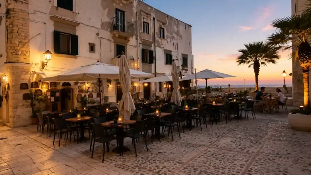 Lantern-lit restaurant tables on a cobbled square in Vieste old town at dusk.