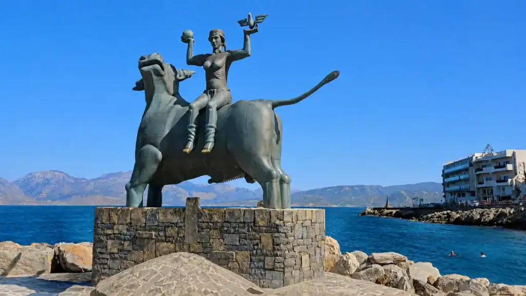 Bronze Abduction of Europa statue at Agios Nikolaos harbour, proof East Crete is worth visiting.