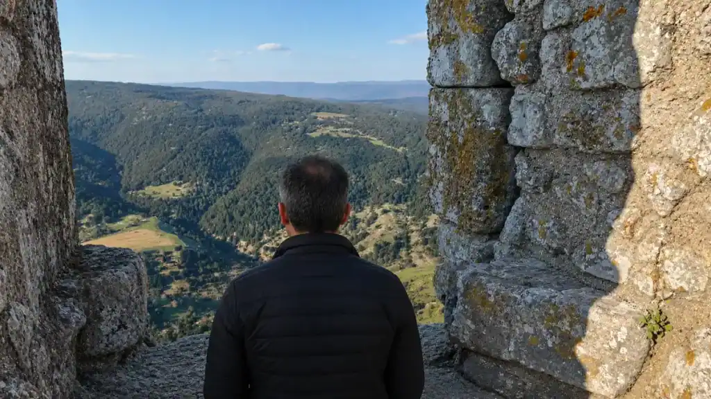 Visitor looking out over the Gargano forests from Castello di Monte Sant'Angelo.