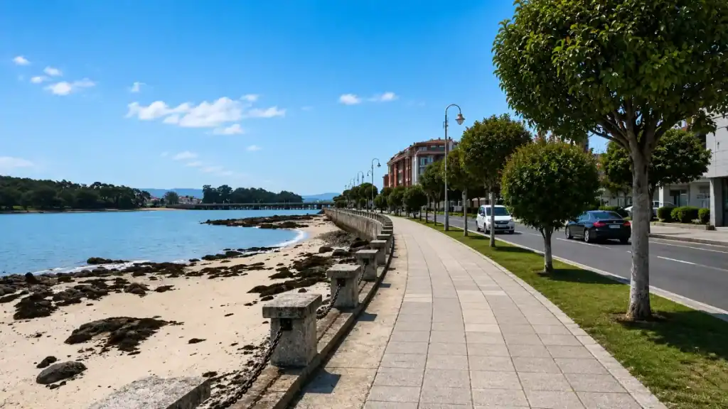 Tree-lined promenade running alongside a sandy beach toward the La Toja bridge, O Grove