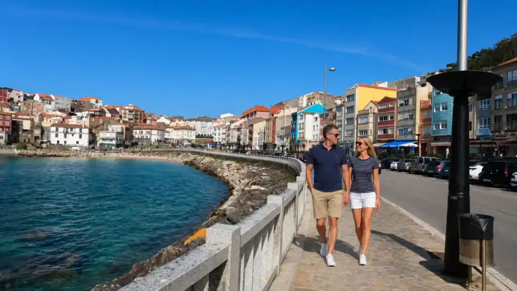 People strolling the curved seafront promenade at A Guarda, showing the Rías Baixas are worth visiting