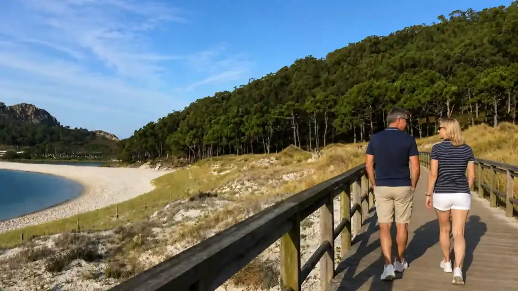 Couple walking a wooden boardwalk above the dunes on the Cíes Islands, showing why the Rías Baixas are worth visiting