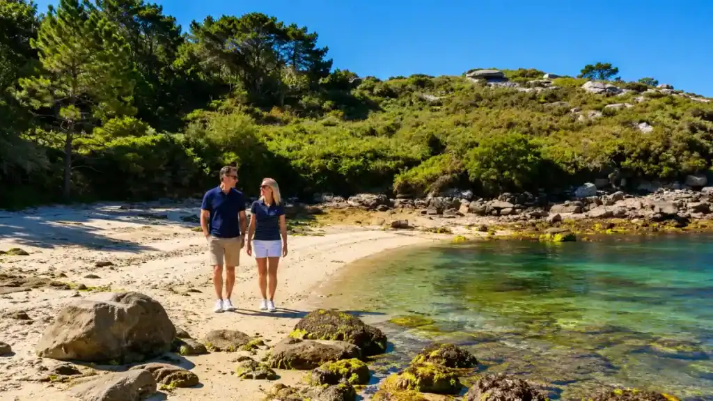 Couple walking a small sheltered cove on Illa de Arousa