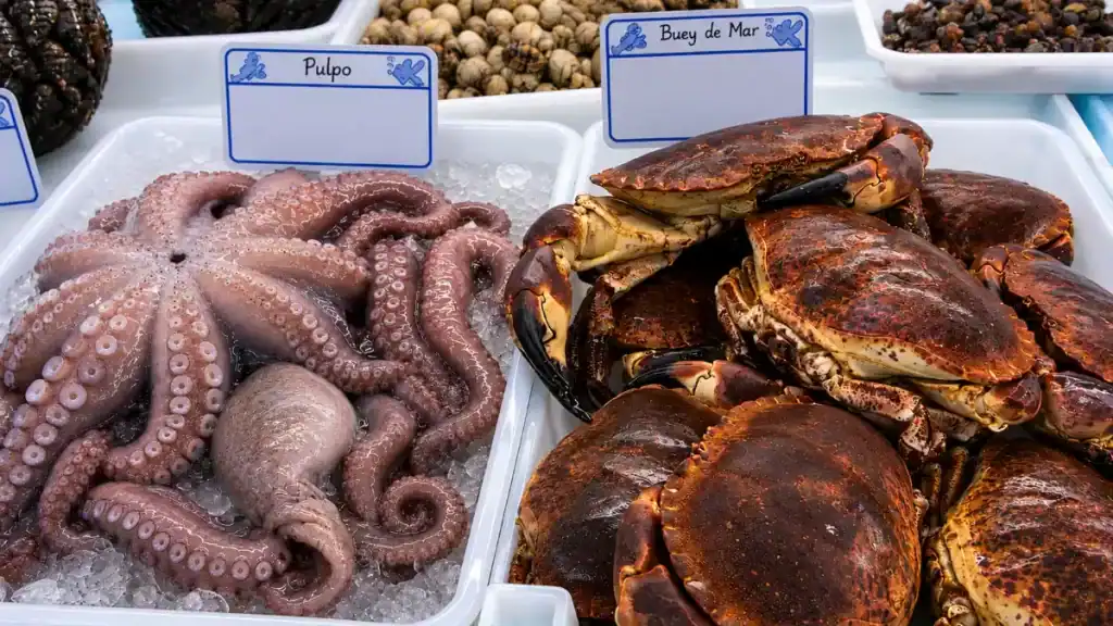 Fresh octopus and brown crabs on ice at a Galician fish market