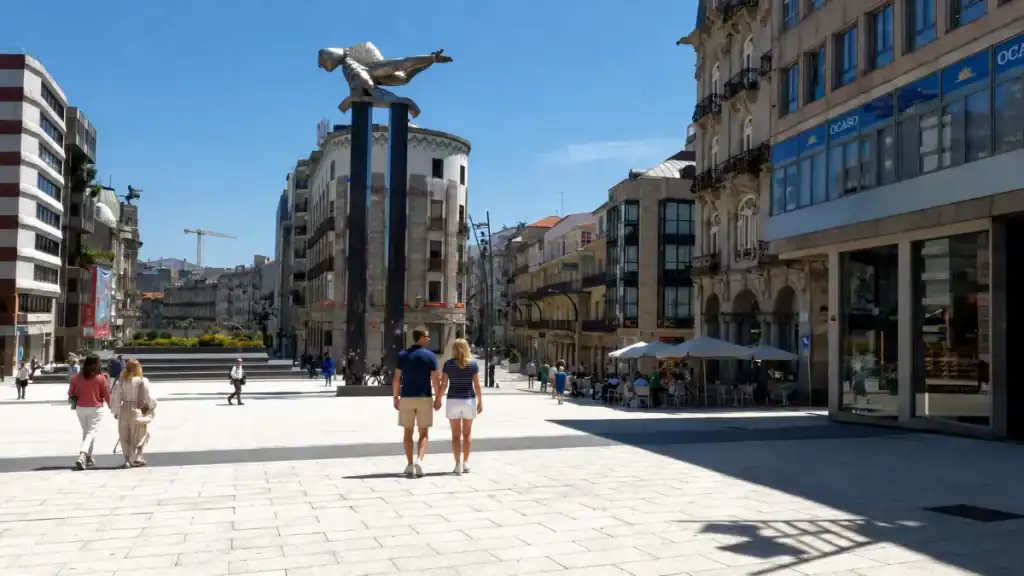 Couple crossing a wide paved plaza beneath the diving figure of El Sireno in Vigo