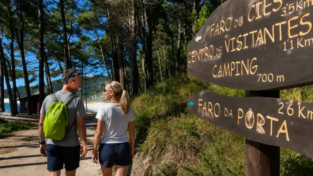 Two hikers reading a trail signpost on the Islas Cíes during a road trip through Rías Baixas