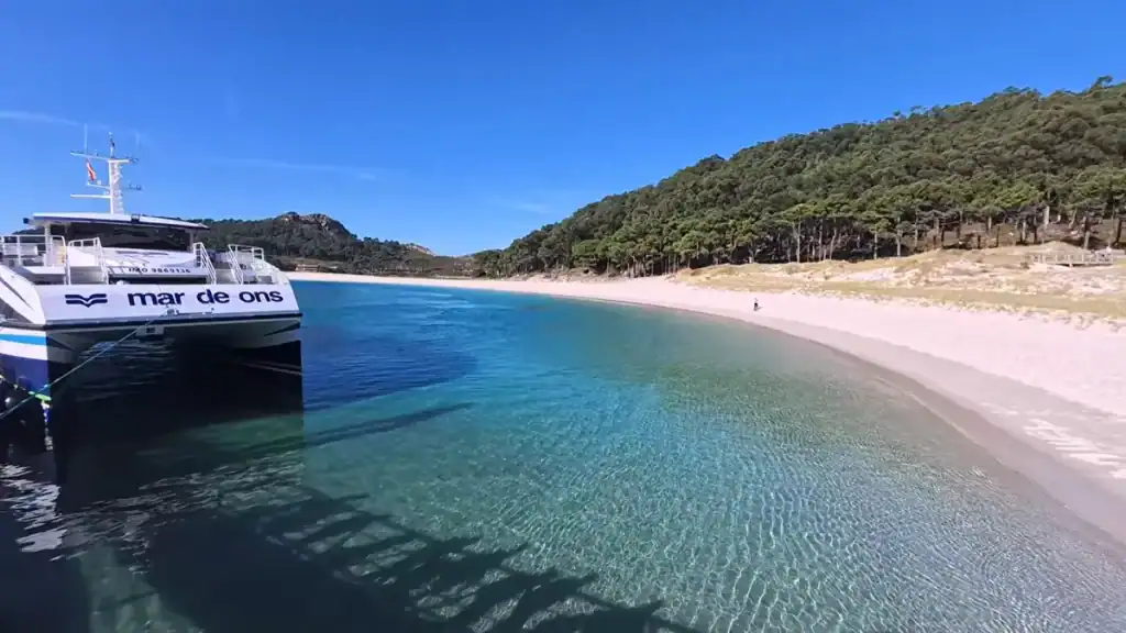 Mar de Ons ferry docked beside Rodas Beach on the Cíes Islands, southern Galicia coast