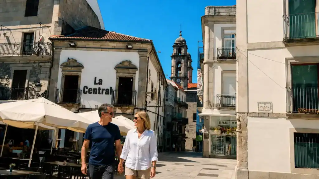 Couple strolling past La Central café on Plaza de la Constitución in Vigo's old town