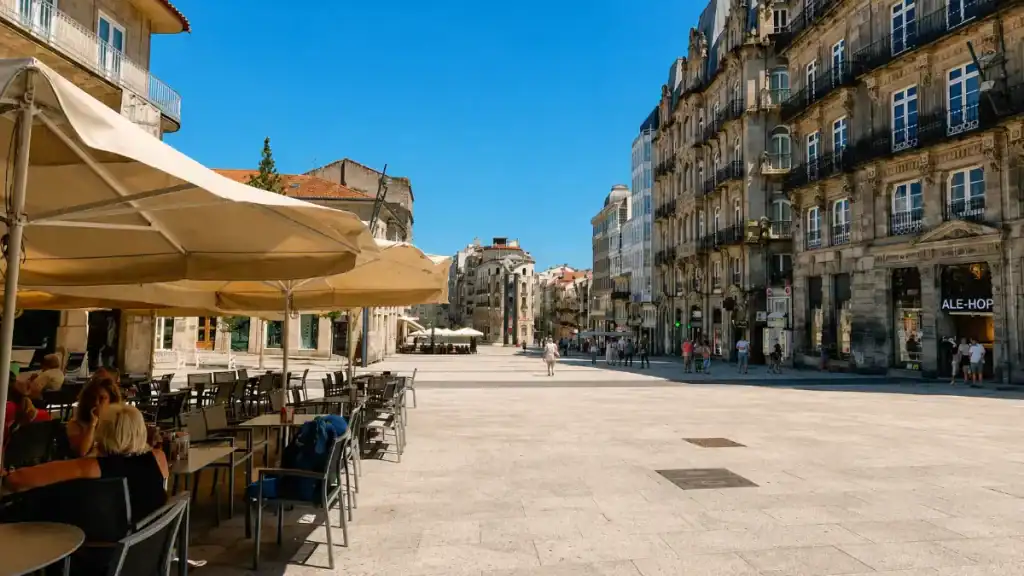 Outdoor café terrace on Praza do Rei in Vigo's old town on a sunny afternoon