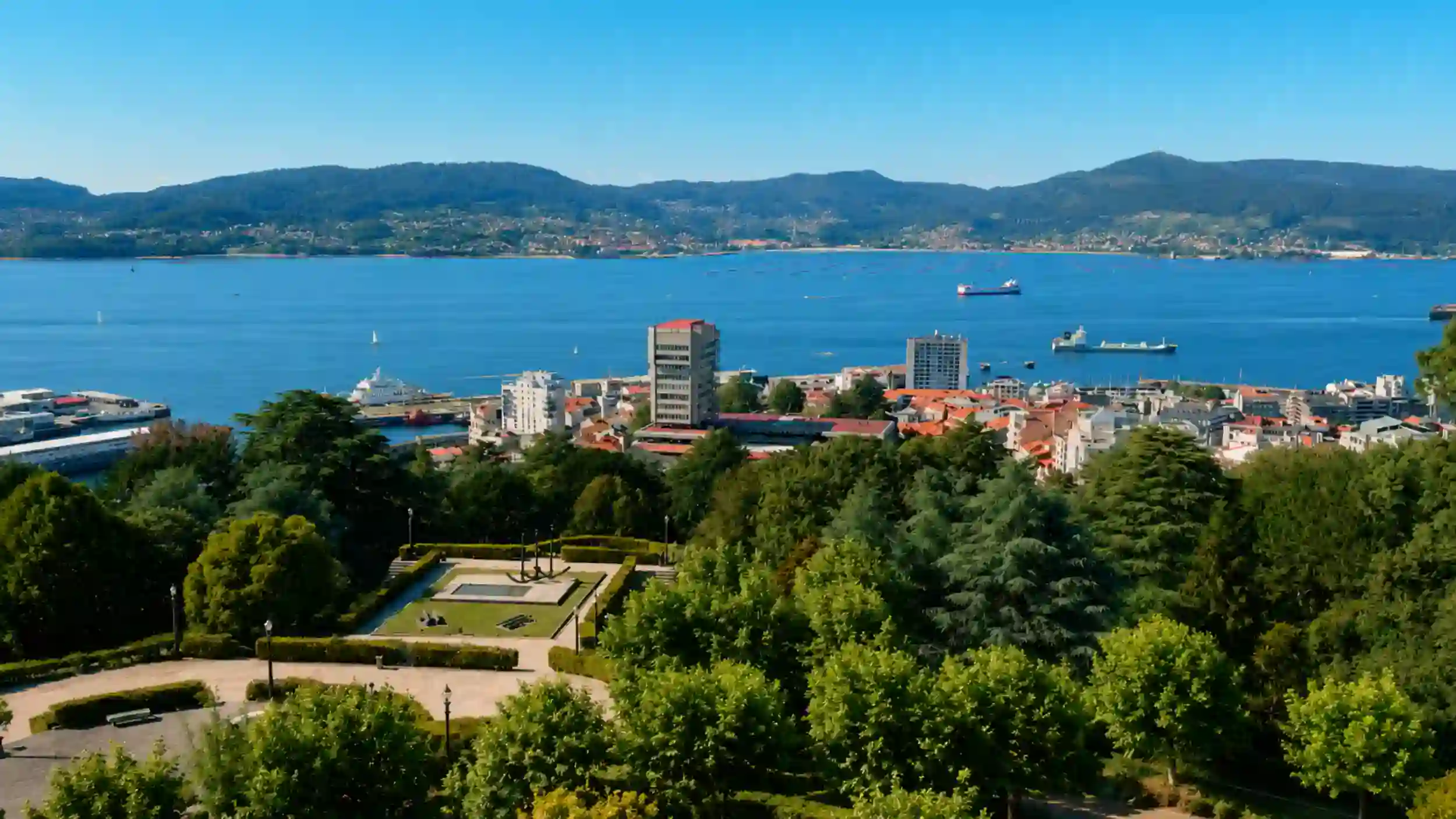 Vigo city and RÃa de Vigo from Parque do Castro on the southern Galicia coast