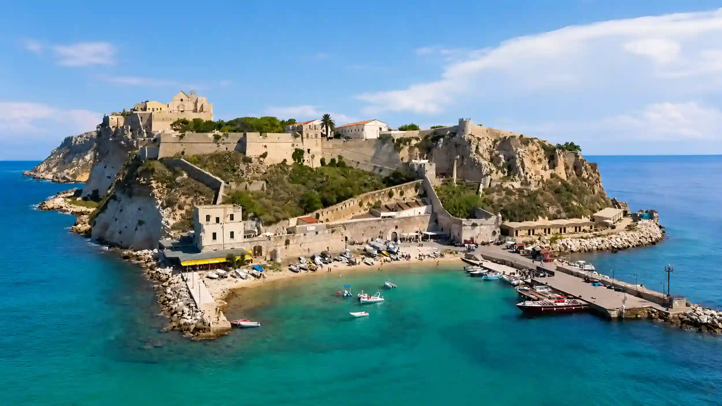 Fortified abbey and harbour of San Nicola on a Tremiti Islands day trip.